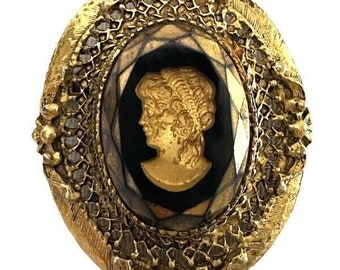 Vintage Carved Intaglio Antique Goldtone And Black Cameo Pendant Brooch On Chain