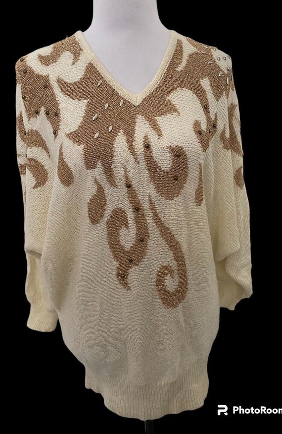 Vtg 80s Batwing Sweater V Neck, Cream Gold Metalli