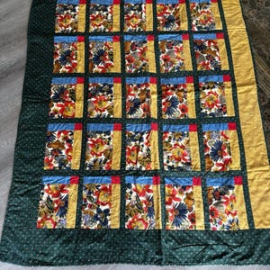Vtg 90s Handmade Patchwork Lap Quilt Dark Asian Floral Green, Blue Mustard