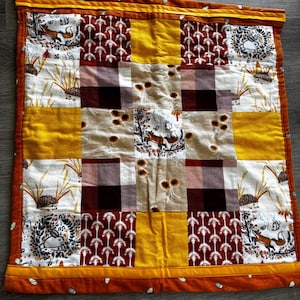 Whimsical woodland animals patchwork quilt wall hanging, flannel, bunnies, fox, squirrels, porcupine