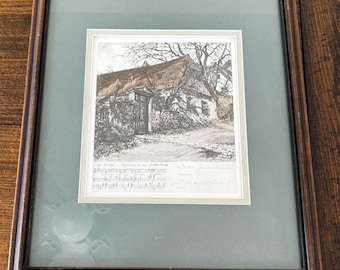 Vtg Austrian Art Print Johan Strauss Cottage With Music Notes Framed Matted
