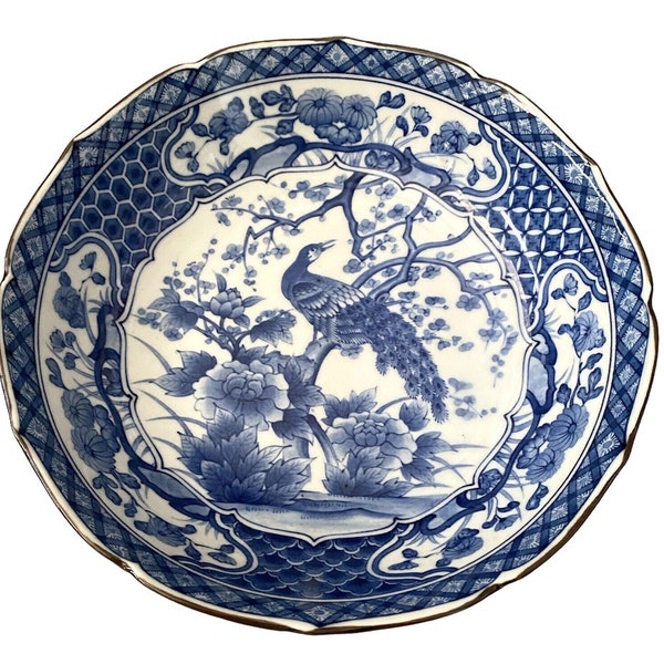 Vintage Toyo Japan Chinoiserie Blue Peacock Transferware Ceramic Bowl 9.5 Signed