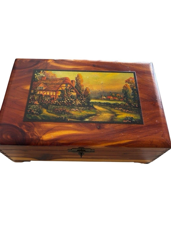 Vtg 70s Cottagecore Cedar Jewelry Box, Summer Cottage Art Inlay Grandmacore