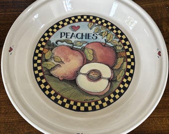 Vtg 90s Susan Winget Ceramic Pie Bakeware Peaches Fruit Cottagecore Checkerboard