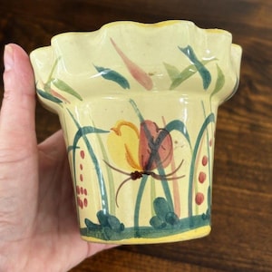 May include: A hand-painted, yellow ceramic planter with a scalloped rim. The planter features a floral design with yellow, red, green, and blue accents. The planter is held in a person's hand.