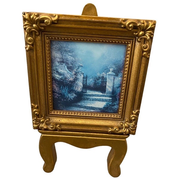 Vintage 90s Thomas Kinkade Mini gold Framed Print With Easel Victorian Garden, Granny chic