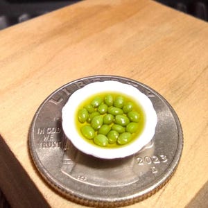 1/12 Scale Miniature Bowl Of Green Olives In Olive Oil / One Inch Scale Dollhouse Food