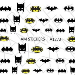 May include: A sheet of 48 black and yellow Batman logo stickers. The stickers feature different variations of the Batman logo, including the bat symbol, the Batman mask, and the Batman logo with a yellow background.