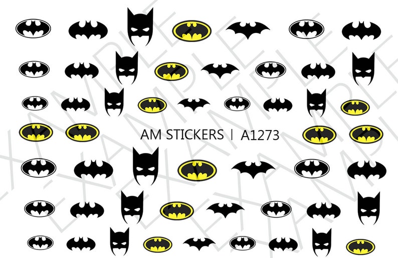May include: A sheet of 48 black and yellow Batman logo stickers. The stickers feature different variations of the Batman logo, including the bat symbol, the Batman mask, and the Batman logo with a yellow background.