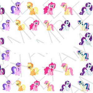 May include: A set of 40 colorful pony stickers featuring different characters from the My Little Pony franchise. The stickers are arranged in rows and columns, with each pony depicted in a different pose. The ponies are all smiling and have bright, colorful manes and tails.