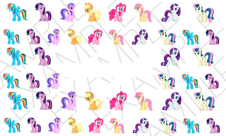 May include: A set of 40 colorful pony stickers featuring different characters from the My Little Pony franchise. The stickers are arranged in rows and columns, with each pony depicted in a different pose. The ponies are all smiling and have bright, colorful manes and tails.