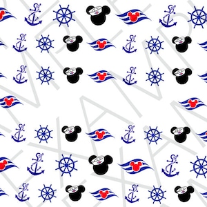 Puede incluir: Un fondo blanco con un patr&oacute;n repetitivo de iconos n&aacute;uticos azules y rojos. Los iconos incluyen una cabeza de Mickey Mouse con un sombrero de capit&aacute;n, un tim&oacute;n, un ancla y una ola roja y azul con una cabeza de Mickey Mouse en el centro.