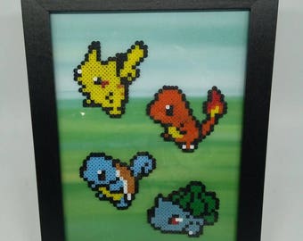 Handmade Pokemon Inspired Framed Picture, Pikachu, Charmander, Squirtle, Bulbasaur