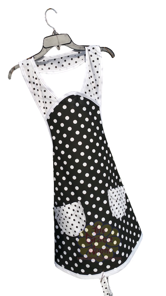 Custom Personalized Vintage 1940s 1950s Black and White Polka Dot Retro Costume Apron, Cosplay
