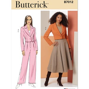 Könnte beinhalten: Ein Schnittmuster für eine kurze Jacke und eine weite Hose. Das Schnittmuster ist von Butterick und die Schnittmuster-Nummer ist B7012.