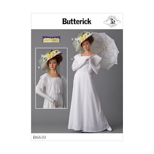 Op de afbeelding: Een vintage naaipatroon voor een witte jurk met een vierkante halslijn en lange mouwen. Het patroon is van Butterick en is voor een historisch kostuum. Het patroonnummer is B6610.