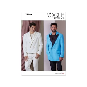 Peut inclure: Patron de couture Vogue Patterns V1946 pour un blazer croisé. Le patron présente deux versions du blazer, l'une en blanc et l'autre en bleu.