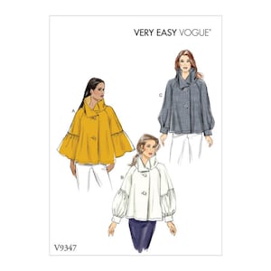 May include: A sewing pattern for a women's jacket with three different views. The jacket has a collar, long sleeves, and a button closure. The pattern is called "Very Easy Vogue" and the number is V9347.