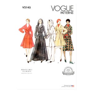May include: Vogue Patterns sewing pattern featuring five coat designs. The illustration shows a red coat, a black hooded coat, a white hooded coat, a tan coat, and a plaid coat. The pattern is a reissue of a 1972 design. The text "V2145" is visible.