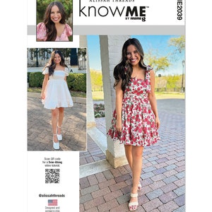 May include: A sewing pattern for a dress with two different styles. The first style is a white dress with puffed sleeves and a square neckline. The second style is a floral print dress with thin straps and a square neckline. The pattern is called "knowME" by mimig and is designed and printed in the USA.