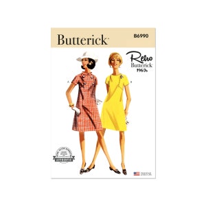 Könnte beinhalten: Vintage-Schnittmuster für ein Kleid im Stil der 1960er Jahre. Das Schnittmuster ist von Butterick und enthält ein rot-weiß kariertes Kleid und ein gelbes Kleid.