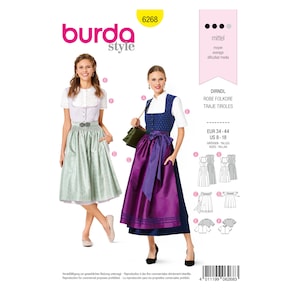 Könnte beinhalten: Ein Schnittmuster für ein Dirndlkleid mit einem blau-weiß gepunkteten Mieder, einem lila Rock und einer weißen Bluse. Das Schnittmuster umfasst die Größen 34-44 EU und 8-18 US.