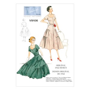 Può includere: Illustrazione del modello Vogue Vintage V9106. L'immagine presenta due donne in abiti, una in verde e l'altra con un abito a pois rosa. È visibile anche il testo "ORIGINAL 1952 DESIGN" e "DESSIN ORIGINAL DE 1952".