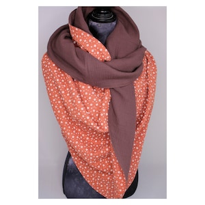 XXL scarf - maxi scarf, triangular scarf - muslin - terracotta/brown - scattered flowers - double-layered - 2.40 m x 1.50 m