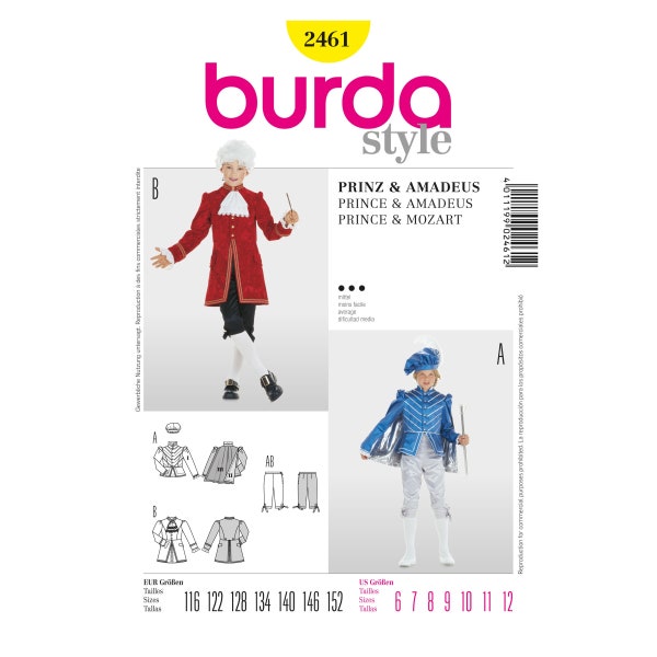 Burda Style Schnittmuster - Kostüm -Prinz&Amadeus - Theater - Märchen - Nr. 2461