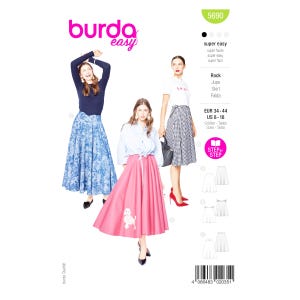 Könnte beinhalten: Ein Bild eines Schnittmusters von "burda easy" mit drei Rock-Designs: blau floral, rosa mit Pudel und schwarz-weiß kariert. Das Schnittmuster enthält Größenangaben. Das Bild zeigt auch die Wörter "Rock", "Jupe", "Skirt" und "Falda".