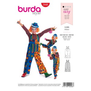 Könnte beinhalten: Ein Schnittmuster für ein Clownskostüm für Kinder. Das Schnittmuster enthält Anleitungen zum Nähen einer farbenfrohen Latzhose mit Sternen- und Tupfenmuster. Das Schnittmuster ist für die Größen 4/5 bis 13/14.