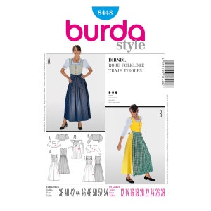 Könnte beinhalten: Burda Style Schnittmuster Nummer 8448 für ein Dirndl, Robe Folklore, Traje Tiroles. Das Schnittmuster umfasst die Größen 38 bis 54 in europäischen Größen und 12 bis 28 in US-Größen. Das Schnittmuster zeigt eine Frau, die ein blaues und weißes Polka-Dot-Dirndl mit einer weißen Bluse und ein gelbes und grünes kariertes Dirndl mit einer gelben Weste trägt.
