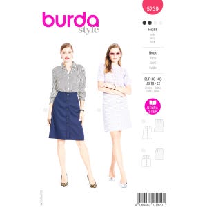 Könnte beinhalten: Burda Style Schnittmuster Nummer 5739 für einen Rock. Das Schnittmuster enthält Anleitungen zum Nähen eines Rocks mit Knopfleiste. Das Schnittmuster ist in den Größen EUR 36-48 und US 10-22 erhältlich.