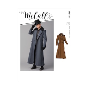 May include: A sewing pattern for a long, double-breasted coat with a high collar. The pattern is for sizes M (46-48-50-52) and is from McCall's. The pattern is shown on a model wearing a blue coat and a black top hat.