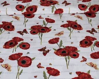 13.80 EURO/m - Patchworkstoff - geblümter Stoff -Poppy Days -Mohnblumen - weiß / rot