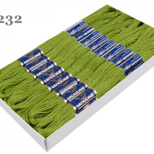 May include: A box of 6232 DMC Mouline embroidery floss in a green color. The box contains 8 skeins of floss.