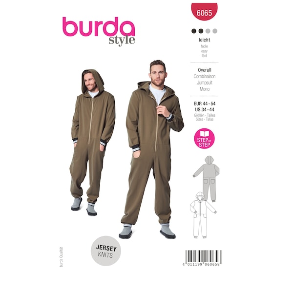 Burda Style Schnittmuster Nr. 6065 - Overall - Herren-Jumpsuit mit Kapuze