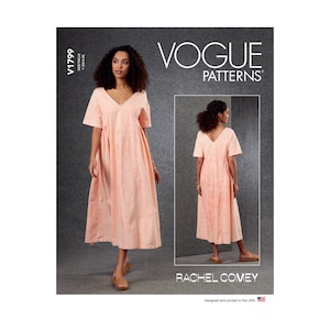 May include: A sewing pattern for a loose-fitting, knee-length dress with a V-neckline and short sleeves. The pattern is by Rachel Comey and is for Vogue Patterns V1799.