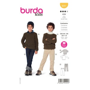 Può includere: Un cartamodello per un maglione e pantaloni per bambini. Il cartamodello è per le taglie 4-10 e include istruzioni per un processo passo dopo passo. Il cartamodello è di Burda Kids e ha il numero 9251.