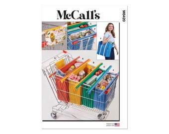 May include: A sewing pattern for reusable shopping bags. The pattern includes instructions for making four different styles of bags, including a tote bag and a set of bags that can be used in a shopping cart. The pattern is designed and printed in the USA.
