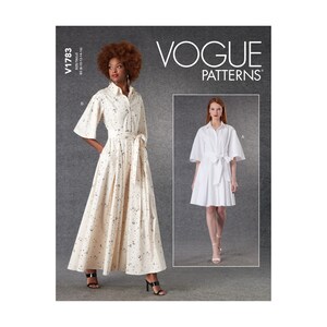 Könnte beinhalten: Vogue Patterns Schnittmuster für ein Kleid mit zwei Variationen. Das Kleid ist weiß mit Knopfleiste und Bindegürtel. Die Schnittmuster-Nummer ist V1783.
