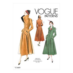 Może przedstawiać: Wzór szycia Vogue Patterns na vintage płaszcz z rozkloszowanym dołem. Wzór przedstawia dwa różne style płaszcza, jeden w kolorze brązowym, a drugi w kolorze zielonym. Wzór jest oznaczony jako "Original 1940 Design, Dessin Original de 1940" i "V1669".