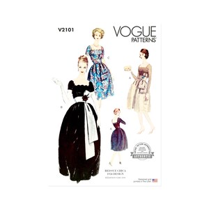 Può includere: Modello di cucito Vogue Patterns con modelli di abiti vintage del 1958. L'illustrazione mostra quattro diversi stili di abiti in vari colori, tra cui un abito nero e bianco e un abito floreale blu. Il modello è una riedizione autentica.
