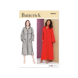 Peut inclure: Un patron de couture pour une longue robe avec une fermeture éclair. Le patron comprend deux variantes : une avec un imprimé gris et blanc et une avec une couleur rouge unie. Le patron est intitulé "Butterick B6967".