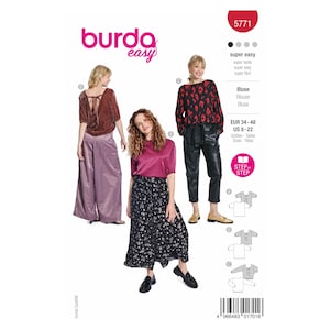 May include: A sewing pattern for a blouse with a tie at the back. The pattern is from Burda Easy and is labelled as super easy. The pattern includes sizes EUR 34-48 and US 8-22.
