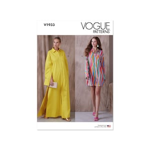 May include: Vogue Patterns sewing pattern for a shirt dress with two variations. The first variation is a long yellow shirt dress with a side slit. The second variation is a shorter shirt dress with a colourful striped pattern. The pattern number is V1933.