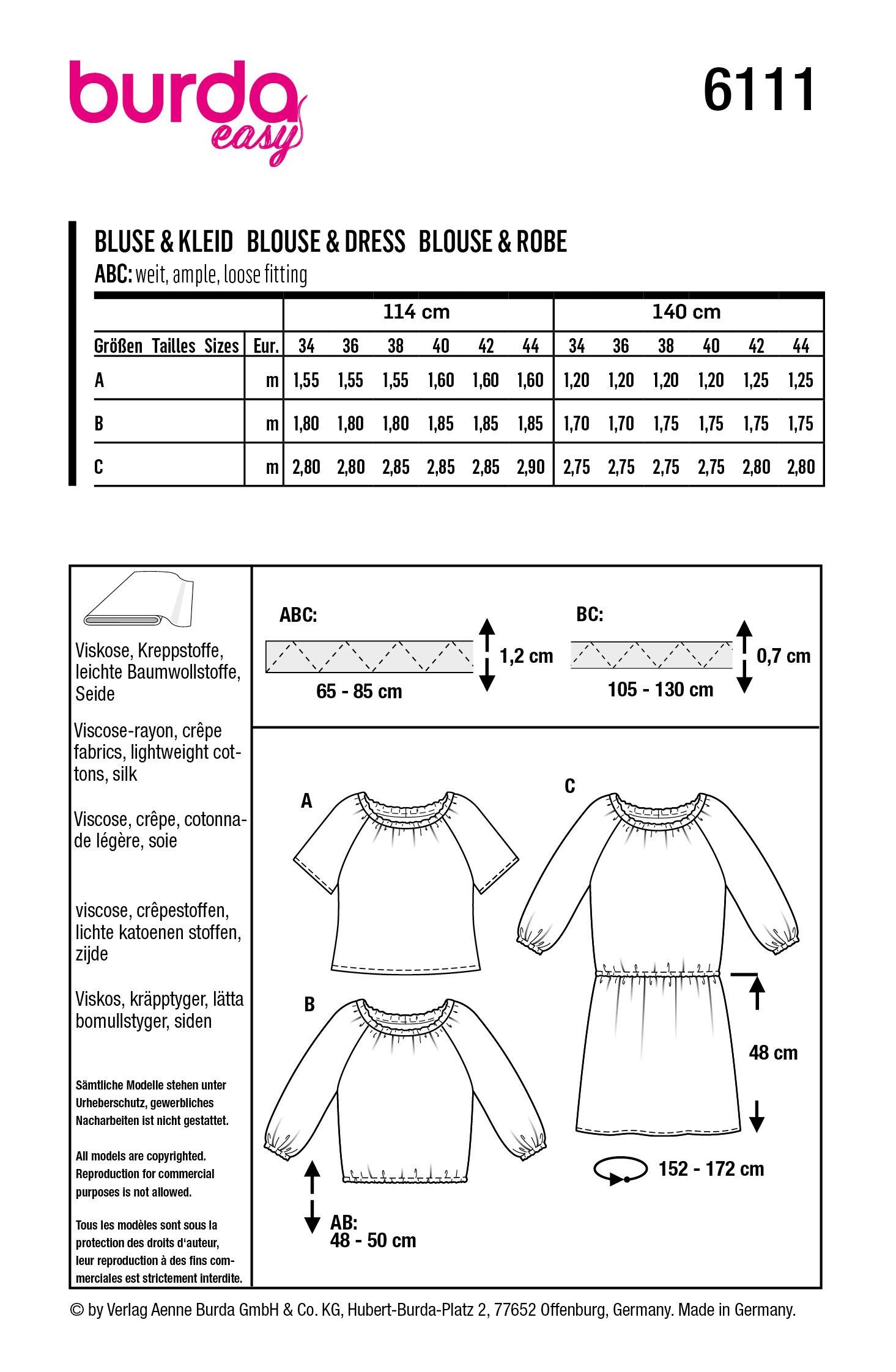 Burda Cartamodello per camicie e camicette da donna, taglie forti, 6614