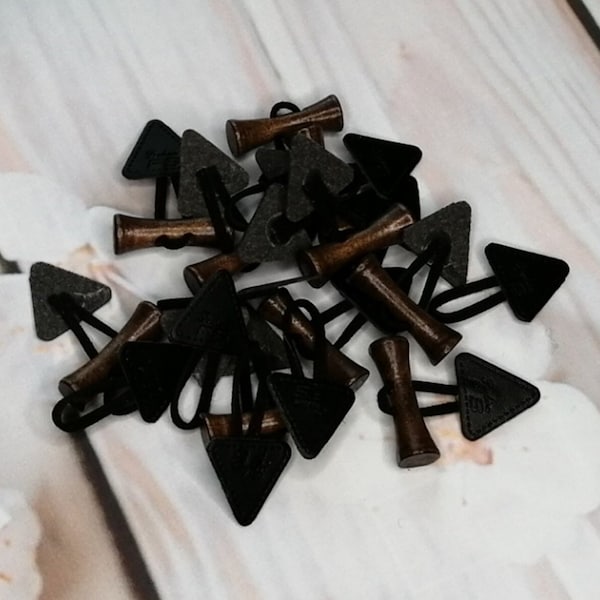 1 set of toggle fasteners, toggle buttons, wooden buttons with imitation leather, for children's clothing, black/brown