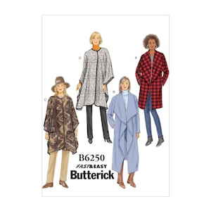 Op de afbeelding: Een naaipatroon voor vier verschillende stijlen jassen. Het patroon heet "B6250 Fast & Easy" van Butterick. De jassen worden getoond in verschillende kleuren en stoffen, waaronder een rood-zwart ruit, een blauw-wit gestreept, een bruin-wit geprint en een grijs-wit geprint.