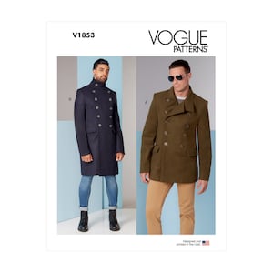 May include: Vogue Patterns V1853 sewing pattern for a double-breasted coat with a high collar. The pattern includes two variations: a navy blue coat and a green coat.
